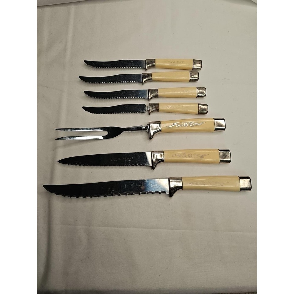 Vintage Regent Sheffield England 7 Piece Knife Lot Cream Floral Inlay Stainless